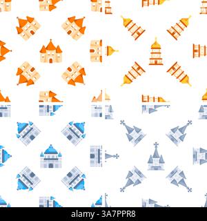 Seamless pattern with colorful churches and cathedrals representing different architectural styles including gothic and orthodox Stock Vector