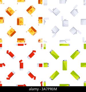Seamless pattern with colorful lighters and matchboxes representing fire starting tools Stock Vector