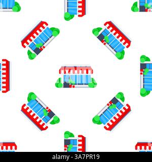 Seamless pattern of store buildings with red and white awnings, plants, and large windows, representing small businesses and local commerce Stock Vector