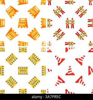 Under Construction Signs Seamless Pattern Showing Roadblock, Cones and Warning Sign Stock Vector