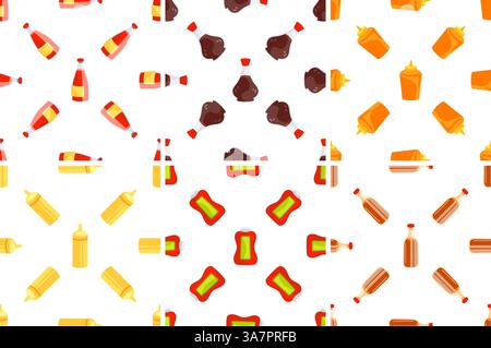 Seamless pattern with bottles and containers of ketchup, mustard and soy sauce rotating on white background Stock Vector