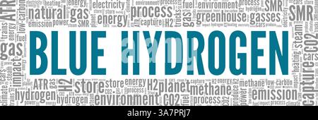 Blue Hydrogen H2 vector illustration word cloud isolated on white background. Stock Vector