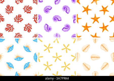 Seamless patterns with colorful seashells, corals and starfishes showing marine life Stock Vector