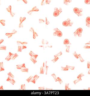 Seamless pattern with bacon slices rolling and unfolding on white background Stock Vector