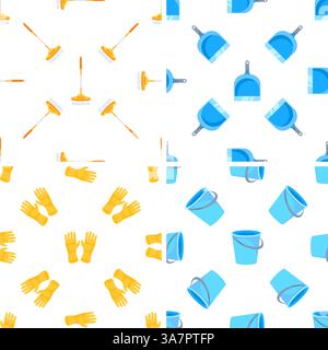 Cleaning tools seamless pattern showing buckets, gloves, dustpans and brushes, cleaning service concept Stock Vector