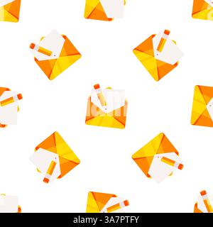 Seamless pattern of orange open envelopes with pencil and letter sticking out Stock Vector