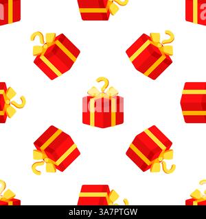 Red gift boxes with yellow ribbons and question marks forming a seamless pattern on white background Stock Vector