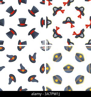 Seamless pattern with magician, pirate, witch and police hats repeating on white background Stock Vector