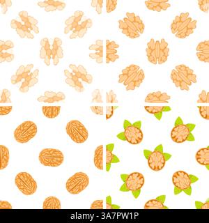 Four seamless patterns with peeled walnuts and walnut kernels Stock Vector