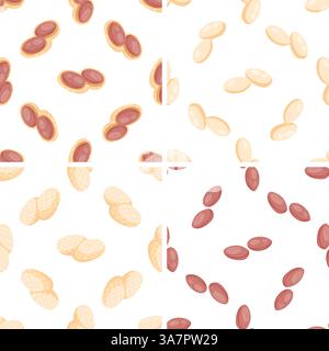 Set of seamless patterns with peanuts in shell and peeled peanuts Stock Vector