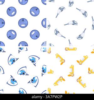 Seamless pattern with various vacuum cleaners performing cleaning tasks Stock Vector
