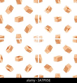 Seamless pattern of open and closed cardboard boxes rotating on white background Stock Vector