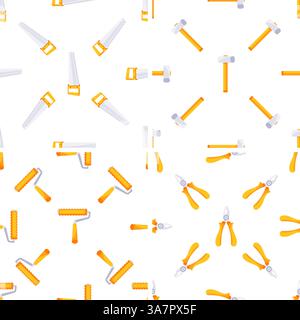 Seamless pattern of hand tools including saws, hammers, paint rollers and pliers, creating a repetitive design on white background Stock Vector