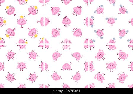 Cute Pink Brain Characters Seamless Pattern Showing Different Activities Stock Vector