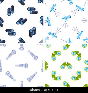 Four seamless patterns with binoculars, spyglass and telescope on a white background Stock Vector