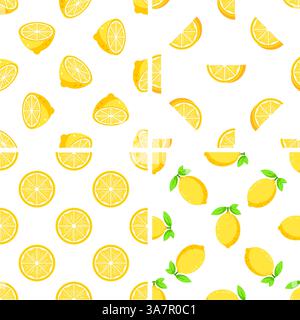 Seamless pattern with fresh lemons, halves, and slices showing the juicy pulp Stock Vector