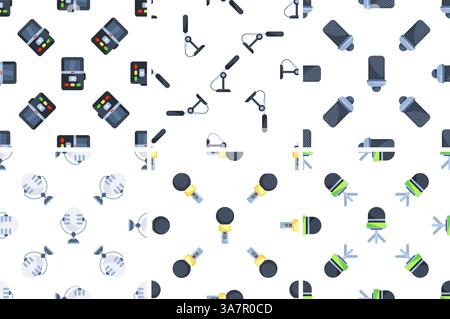 Microphones and voice recorders creating a seamless pattern on white background Stock Vector