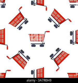 Red Shopping Carts Seamless Pattern on White Background Stock Vector
