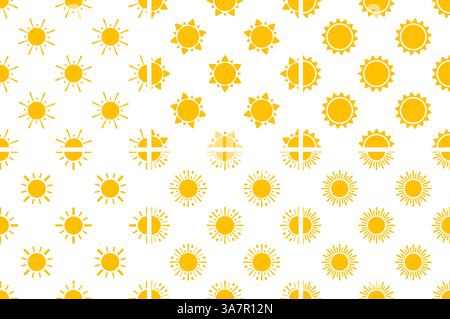 Seamless pattern of yellow suns shining brightly on white background Stock Vector