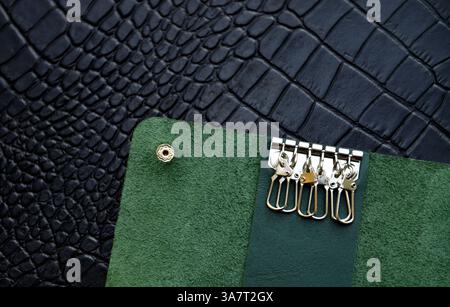 An open green leather key holder, placed on a black color crocodile sheet Stock Photo