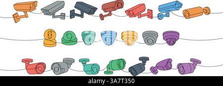 Surveillance cameras one line colored continuous drawing. Safety home protection system. Vector illustration. Stock Vector