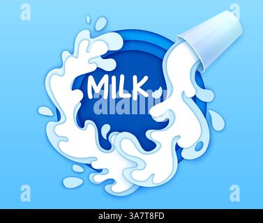 Milk glass and drink wave splash in paper cut, vector banner for dairy product. Fresh milk splash of spill and pours from glass with drops explosion i Stock Vector