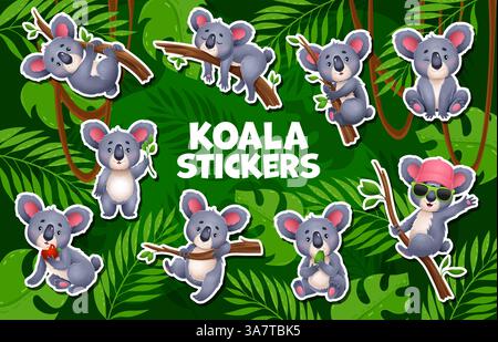 Funny koala bears stickers pack of cartoon tropical animal characters, vector set. Cute koala stickers sleeping and hanging on eucalyptus tree branch, Stock Vector