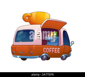 Food coffee truck car, festival street foodtruck van with giant coffee cup on top, serving fresh beverages. Mobile cafe, restaurant on wheels with ope Stock Vector