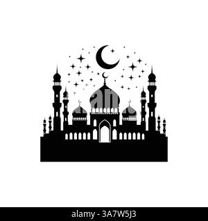 Mosque Silhouette Vector: Crescent Moon, Stars, Minarets - Islamic Religious Design Stock Vector