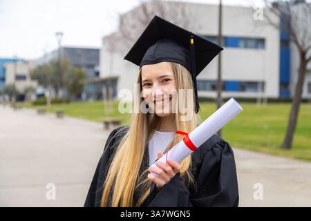 Portrait of a cheerful female student celebrating graduation, holding her diploma with pride on a university campus Stock Photo