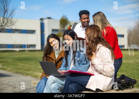 Multi ethnic university students working together on a project using a laptop outdoors on campus, enjoying the sunny weather Stock Photo