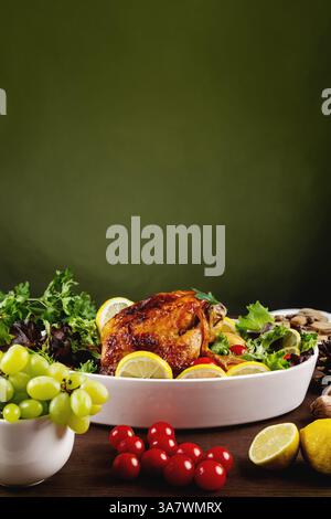 Delicious roasted chicken with fresh tomatoes and parsley placed on table with lemon and mushrooms Stock Photo