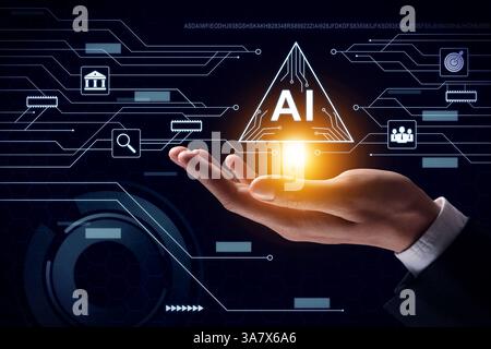 Artificial intelligence. Businessman holding virtual circuit board scheme with AI abbreviation and icons on dark background, closeup Stock Photo