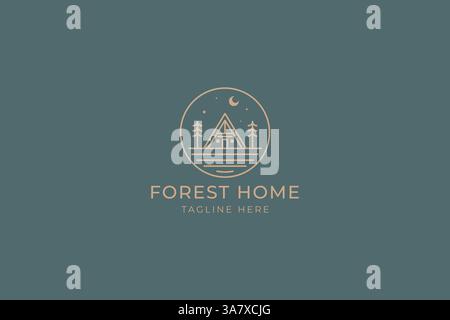 Cottage Logo Badge Summer Night Forest Home Travel Cabin Camp Wood House Stock Vector