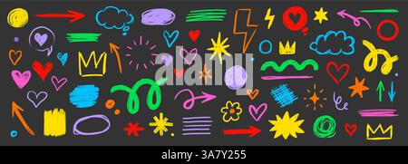 Pencil brush shape line element set. Hand drawn sketch doodle crayon kid chalk texture color element arrow,.heart, crown shape. Chalk pencil brush texture background. Vector illustration Stock Vector