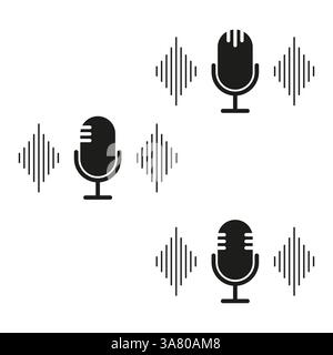 Retro microphone icons. Audio wave elements. Broadcast voice symbols. Vector sound style. Stock Vector