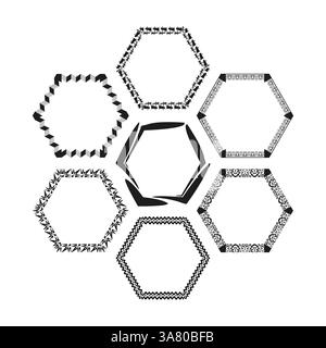 Hexagon borders set. Decorative geometric shapes. Stylish black outlines. Elegant vector symbols. Stock Vector