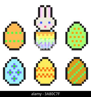 Pixel eggs set. Bunny in shell. Colorful easter theme. Vector festive design. Stock Vector