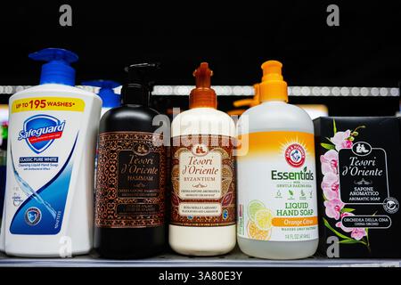 Lviv, Ukraine - March 25, 2025: Close-up view of hand soap assortment including popular brands displayed on a store shelf Stock Photo