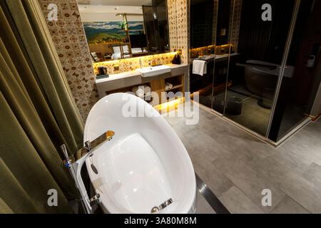 Modern Luxury Bathroom with Freestanding Bathtub Stock Photo