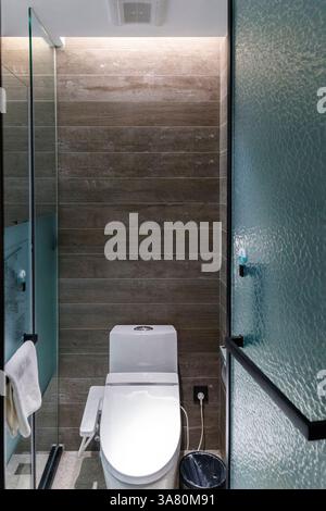 Modern Bathroom with Glass Shower and Gold Fixtures Stock Photo