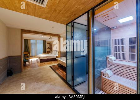 Modern Luxury Bathroom with Freestanding Bathtub Stock Photo