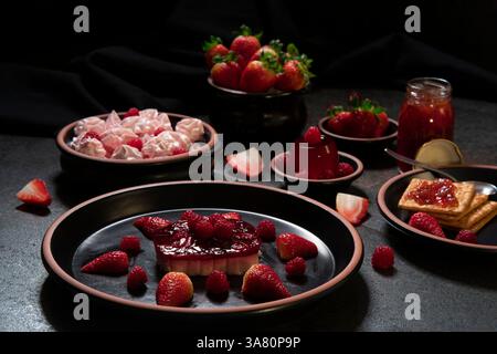 Front view of strawberry dessert with raspberries on a black ceramic plate, soda crackers with strawberry jam and strawberry jelly, strawberry candies Stock Photo