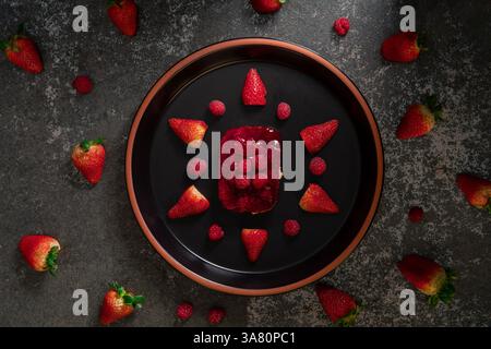 Top view of strawberry and raspberry dessert on a round black ceramic plate surrounded by strawberries on a black ceramic table Stock Photo