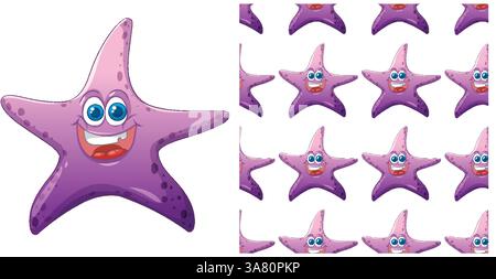 A vibrant vector illustration featuring a smiling starfish in a seamless pattern. Perfect for playful designs and children's themes Stock Vector
