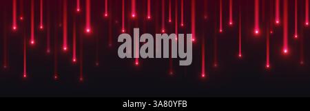 Abstract red meteor rain on black background. Vector realistic illustration of neon light lines glowing, sparkles falling down, luminous rays motion, high tech presentation backdrop, data speed Stock Vector