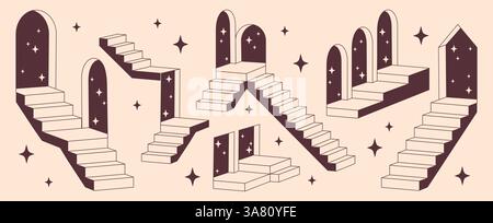 Brown retro winding staircase with arched doorways and sparkling stars. Optical illusion of endless steps. Surreal vector illustration. Vintage artistic design. Impossible ladder construction sketch. Stock Vector
