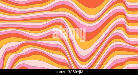 Psychedelic retro waves background - curved wavy stripes in warm gradient colors, flowing parallel lines forming optical illusion. Groovy abstract striped pattern 70s style print for poster design. Stock Vector