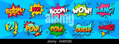 Comic sound effect speech bubbles - pow, wow, boom, bang, no and ouch. Colorful cartoon balloons in pop art style with halftone design. Funny stickers with onomatopoeia expressions collection. Stock Vector