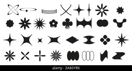Y2k star frame shapes set - forms with different pointed edges, swirls, flowers. Geometric round borders, decorative ornamental label design. Retro black abstract simple silhouette on white background Stock Vector